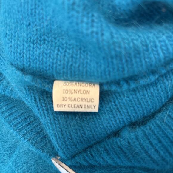Lord & Taylor 80s Angora Teal Beaded Floral Fuzzy Sweater M - Picture 11 of 15